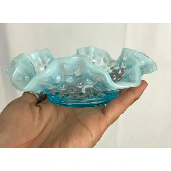 VTG Fenton Ruffled Blue Hobnail Glass Candy Dish Crimped Edges Home Decor - Picture 8 of 16